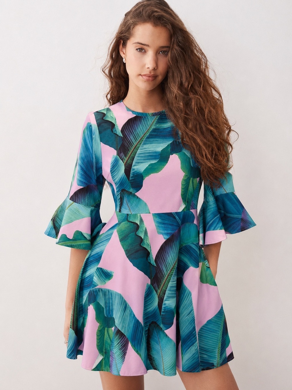 Goodnight Macaroon Trinity Palm Print Bell Sleeve Dress in Pink and Green M